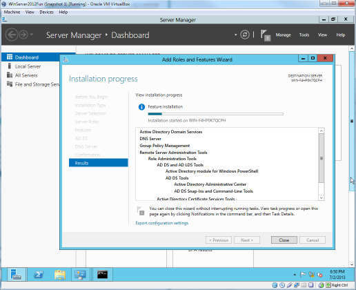 Windows Server 2012 showing the features that will be installed.