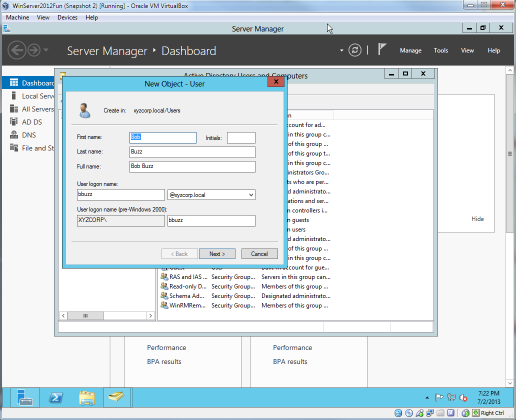 The create user screen in Windows Server 2012